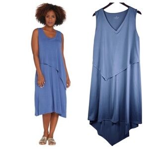 Cuddl Duds Sz Large 12 14 Tank Dress Midi Blue Slvlss V-Neck Silky Asymmetrical